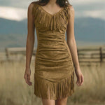 Western Cowgirl Faux Suede Fringed Bodycon Dress