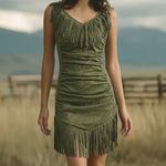 Western Cowgirl Faux Suede Fringed Bodycon Dress