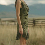 Western Cowgirl Faux Suede Fringed Bodycon Dress