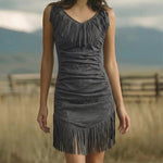 Western Cowgirl Faux Suede Fringed Bodycon Dress