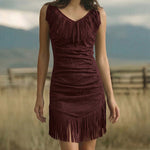 Western Cowgirl Faux Suede Fringed Bodycon Dress