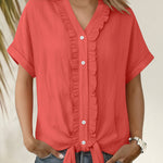 Nadorine Casual Ruffled Trim Short Sleeve Shirt for Women Cute Summer Casual 2026 | Under $40