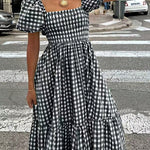 Nadorine Women's 2026 Summer Boho Plaid Square Neck Midi Dress Casual A Line Flowy Sundress with Pockets Beach Vacation