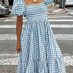 Nadorine Women's 2026 Summer Boho Plaid Square Neck Midi Dress Casual A Line Flowy Sundress with Pockets Beach Vacation