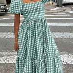 Nadorine Women's 2026 Summer Boho Plaid Square Neck Midi Dress Casual A Line Flowy Sundress with Pockets Beach Vacation