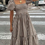 Nadorine Women's 2026 Summer Boho Plaid Square Neck Midi Dress Casual A Line Flowy Sundress with Pockets Beach Vacation