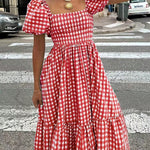 Nadorine Women's 2026 Summer Boho Plaid Square Neck Midi Dress Casual A Line Flowy Sundress with Pockets Beach Vacation
