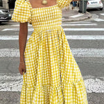 Nadorine Women's 2026 Summer Boho Plaid Square Neck Midi Dress Casual A Line Flowy Sundress with Pockets Beach Vacation