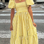 Nadorine Women's 2026 Summer Boho Plaid Square Neck Midi Dress Casual A Line Flowy Sundress with Pockets Beach Vacation