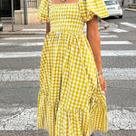 Nadorine Women's 2026 Summer Boho Plaid Square Neck Midi Dress Casual A Line Flowy Sundress with Pockets Beach Vacation