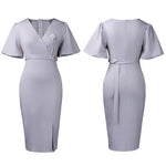 Elegant Floral Brooch Puff Sleeve Midi Dress