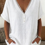 Nadorine Casual V-neck Lace Trim Short Sleeves T-Shirt for Women Elegant Date Night Party 2026 | Under $40