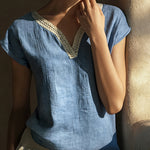 Nadorine Vintage Lace V-Neck Linen Textured Blouse for Women Casual Lightweight Summer Beach 2026 | Under $40