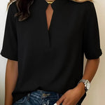 Nadorine Casual Basic Solid Color V-Neck Short Sleeve Blouse for Women Casual Work Office Loose Fit 2026 | Under $40