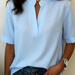 Nadorine Casual Basic Solid Color V-Neck Short Sleeve Blouse for Women Casual Work Office Loose Fit 2026 | Under $40