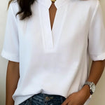 Nadorine Casual Basic Solid Color V-Neck Short Sleeve Blouse for Women Casual Work Office Loose Fit 2026 | Under $40