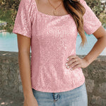 Shimmer Square Neck Sequin Puff Sleeve Top