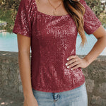 Shimmer Square Neck Sequin Puff Sleeve Top