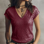 Shimmer Sequin V-Neck Short Sleeve T-shirt
