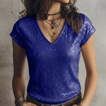 Shimmer Sequin V-Neck Short Sleeve T-shirt