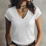 Shimmer Sequin V-Neck Short Sleeve T-shirt