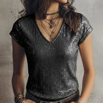 Shimmer Sequin V-Neck Short Sleeve T-shirt