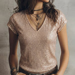 Shimmer Sequin V-Neck Short Sleeve T-shirt