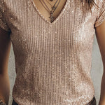 Shimmer Sequin V-Neck Short Sleeve T-shirt