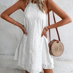 Nadorine Boho Eyelet Pattern Halter Neck Cotton Sleeveless Dress for Women Casual Summer Vacation 2026