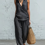 Summer Breathable Linen Textured Capri Pants Set
