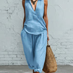 Summer Breathable Linen Textured Capri Pants Set
