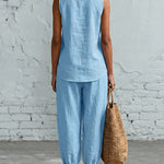 Summer Breathable Linen Textured Capri Pants Set