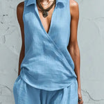 Summer Breathable Linen Textured Capri Pants Set