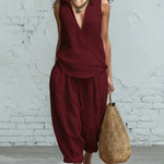 Summer Breathable Linen Textured Capri Pants Set