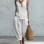 Summer Breathable Linen Textured Capri Pants Set