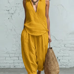 Summer Breathable Linen Textured Capri Pants Set