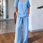 Comfy Simple Relaxed Fit V-neck Matching Set