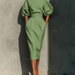 Elegant Puff Sleeve High-waisted Pocket Midi Dress