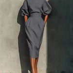 Elegant Puff Sleeve High-waisted Pocket Midi Dress