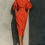 Elegant Puff Sleeve High-waisted Pocket Midi Dress