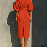 Elegant Puff Sleeve High-waisted Pocket Midi Dress
