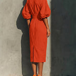 Elegant Puff Sleeve High-waisted Pocket Midi Dress