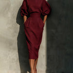 Elegant Puff Sleeve High-waisted Pocket Midi Dress