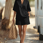 Minimalist Cozy V-neck Blouse and Shorts Set