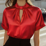 Nadorine Elegant Keyhole Neck Satin Short Sleeve Blouse for Women Elegant Office Work Dressy 2026 | Under $40