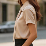 Nadorine Elegant Satin Tie Design Short Sleeve Blouse for Women Elegant Office Work Dressy 2026 | Under $40