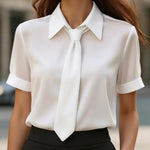 Nadorine Elegant Satin Tie Design Short Sleeve Blouse for Women Elegant Office Work Dressy 2026 | Under $40