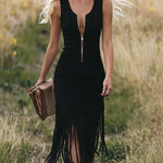 Retro Western Zip Front V-Hem Tassel Dress