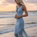 Retro Western Zip Front V-Hem Tassel Dress