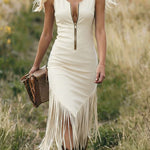 Retro Western Zip Front V-Hem Tassel Dress